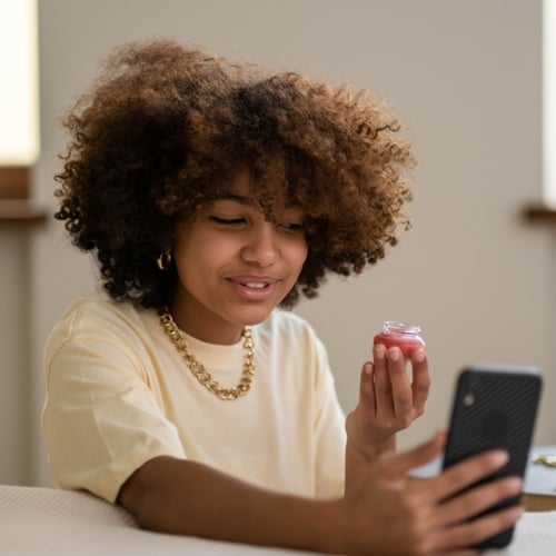 Photo d'une femme se filmant entrain de se maquiller en direct en vidéo. Elle donne ses conseils et son avis sur l'application tested4you : des tests de produits et de lieux en vidéo UGC authentiques